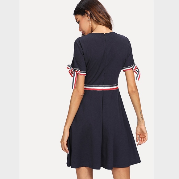 Knot Cuff Striped Fit & Flare Navy Dress - Picture 4 of 8